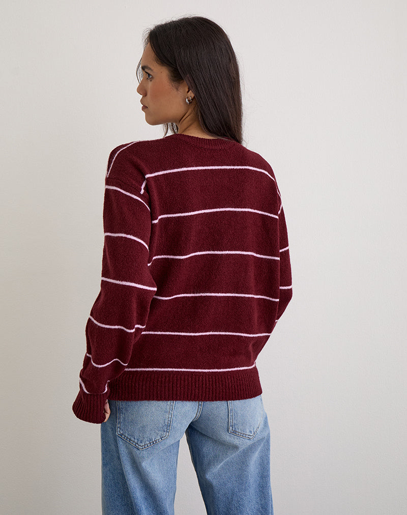 Ishari Knitted Jumper in Burgundy with Pink Stripe