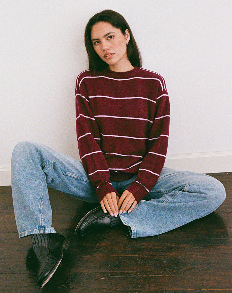 Ishari Knitted Jumper in Burgundy with Pink Stripe