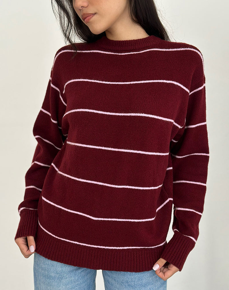 Ishari Knitted Jumper in Burgundy with Pink Stripe