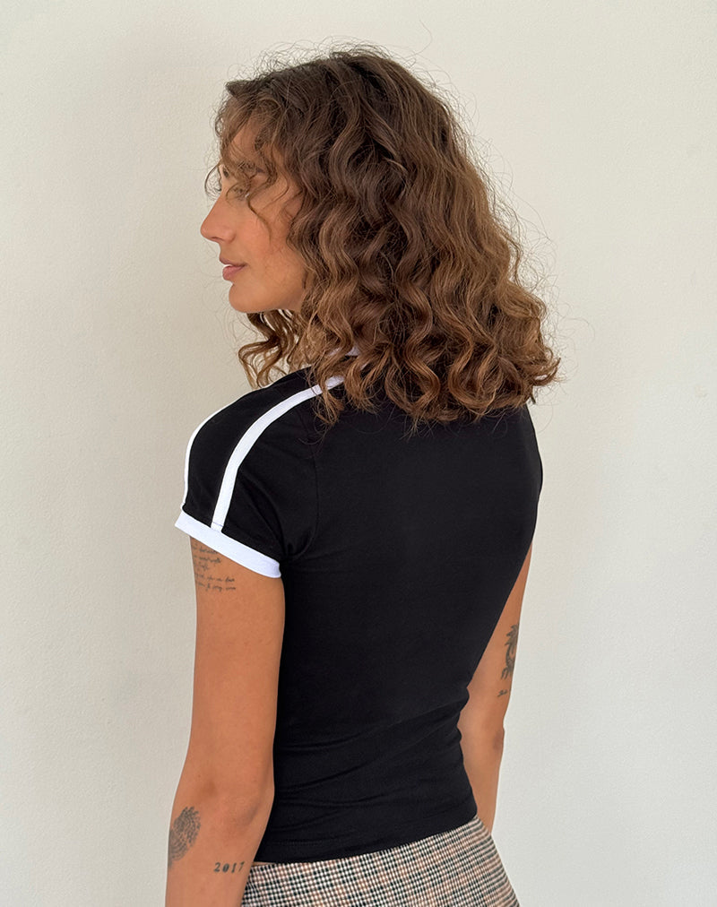 Izolde Baby Tee in Black with White Binding and M Embroidery