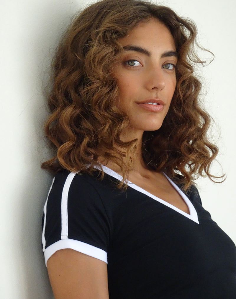 Izolde Baby Tee in Black with White Binding and M Embroidery