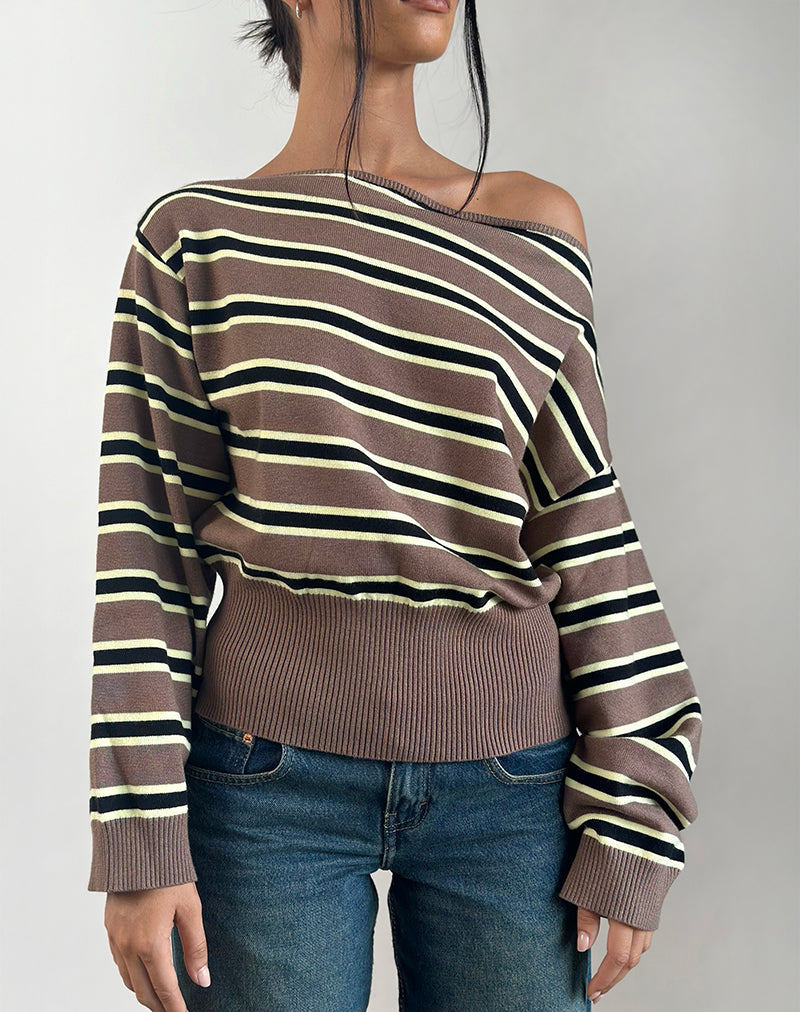 Jalira Asymmetric Cinch Jumper in Stripe Brown and Yellow