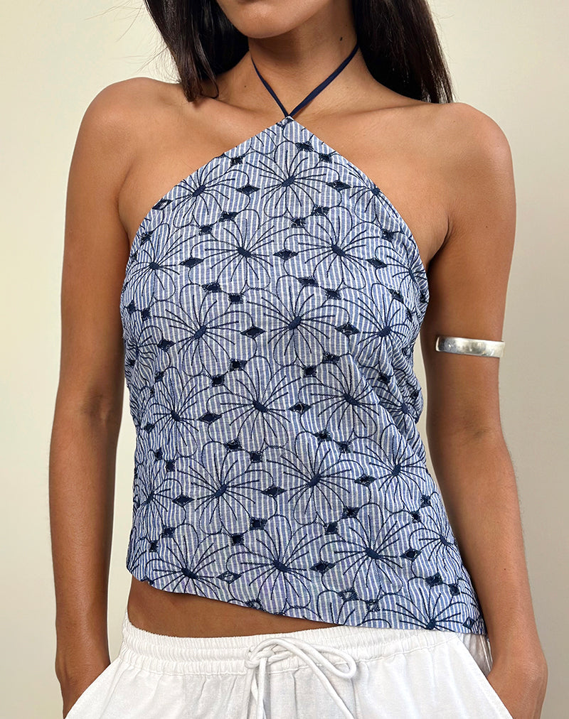 Janisa Halterneck Top in Blue Striped Flowers