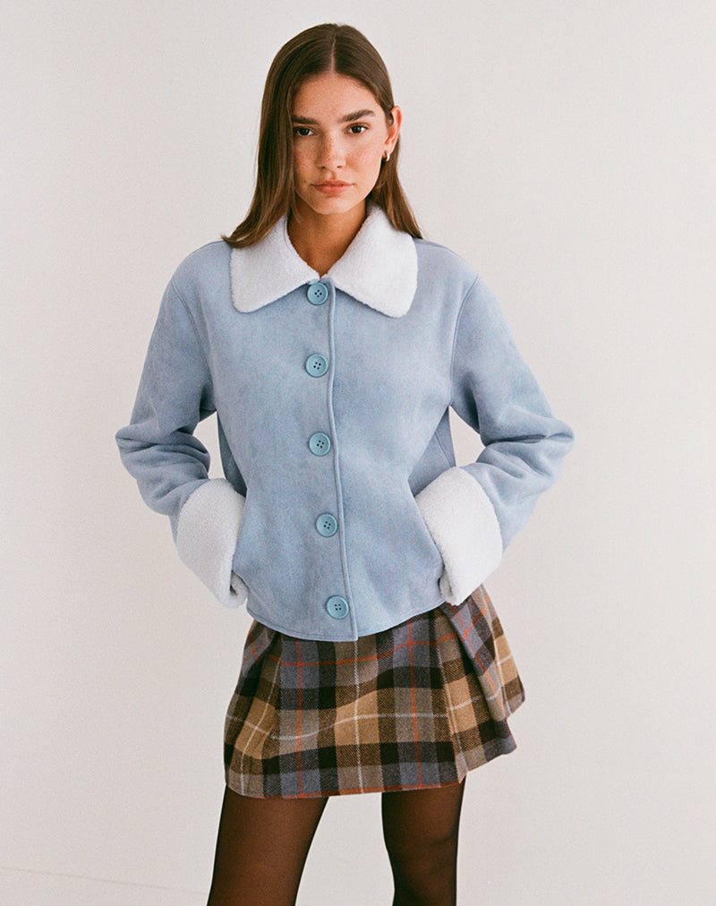 Jano Jacket in Faux Suede Blue with Borg