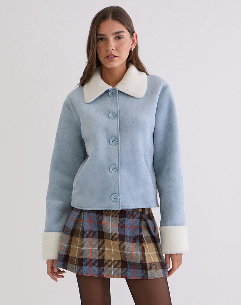 Jano Jacket in Faux Suede Blue with Borg