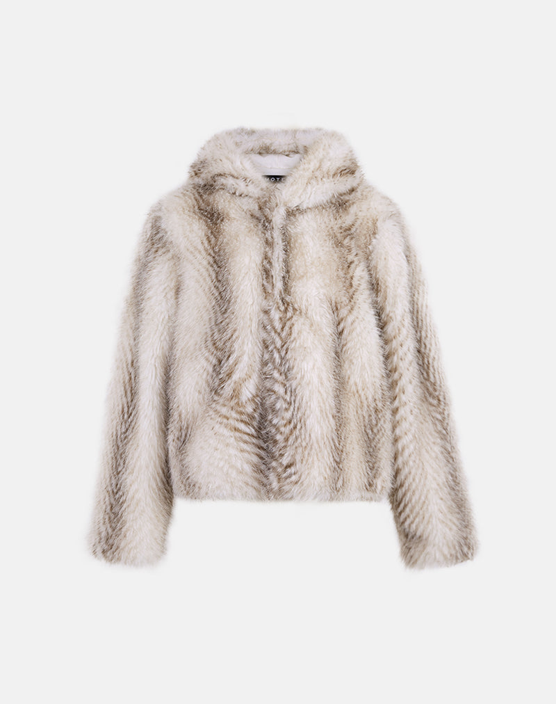 Jemi Hooded Cropped Faux Fur Jacket in Cream