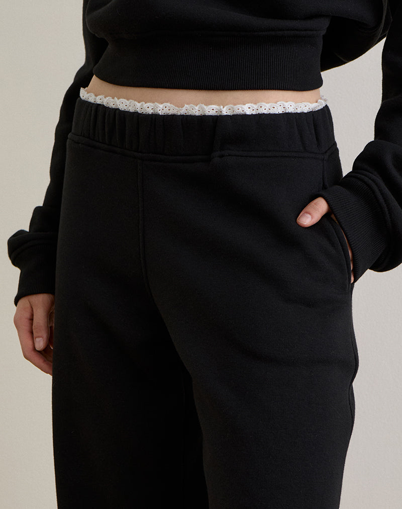 Jenita Loose Jogger in Black with White Picot Trim