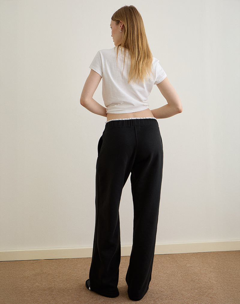 Jenita Loose Jogger in Black with White Picot Trim