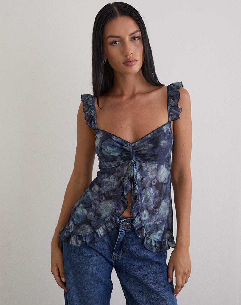 Jibola Top in Mesh Arty Flowers Dark Blue