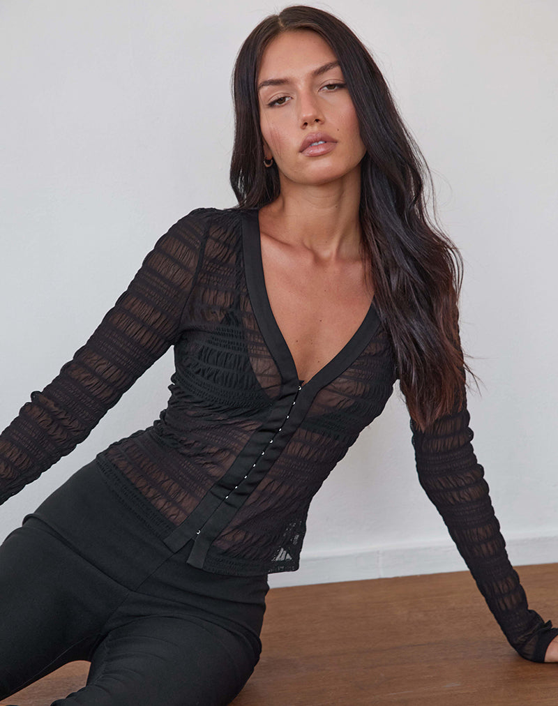 Jichan Ruched Long Sleeve Top in Mesh Black
