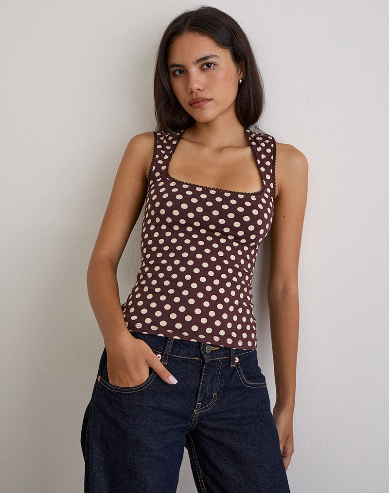 Jinalo Sweetheart Top in Brown with Small Cream Polka Prints