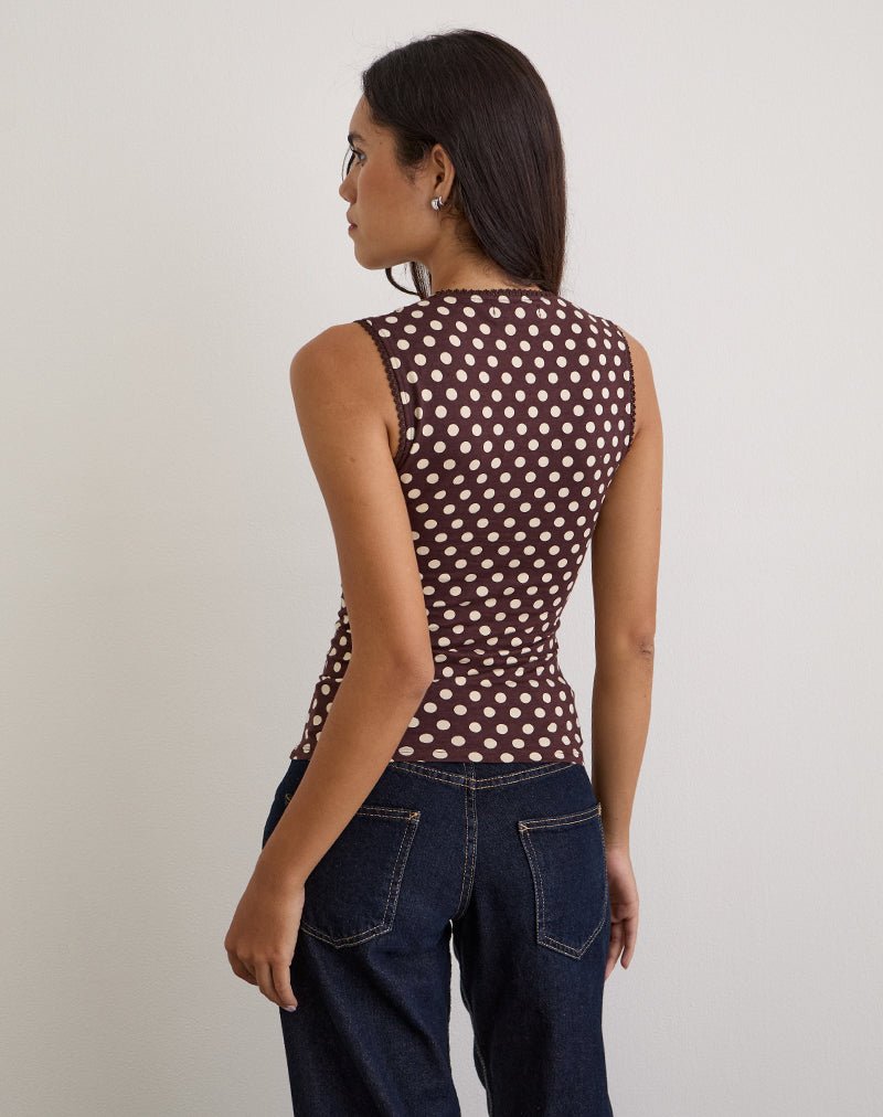 Jinalo Sweetheart Top in Brown with Small Cream Polka Prints