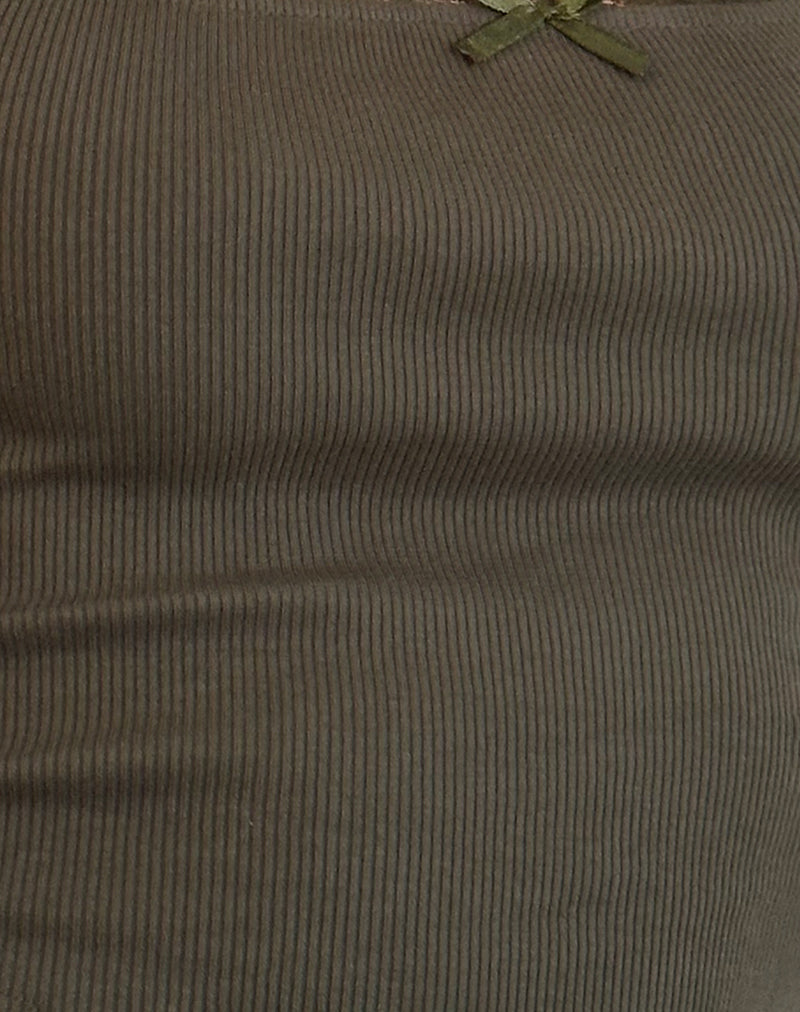 Jinila Top in Olive with Lace Trim and Bow