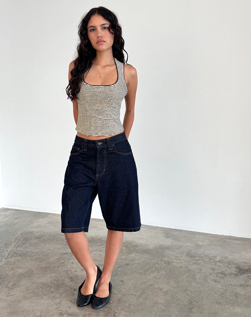 Jinsu Top in Black and Yellow Stripe with Picot Trim