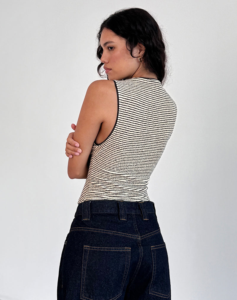 Jinsu Top in Black and Yellow Stripe with Picot Trim