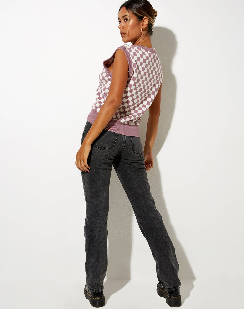 Joker Vest Top in Knit Check Lilac Cream