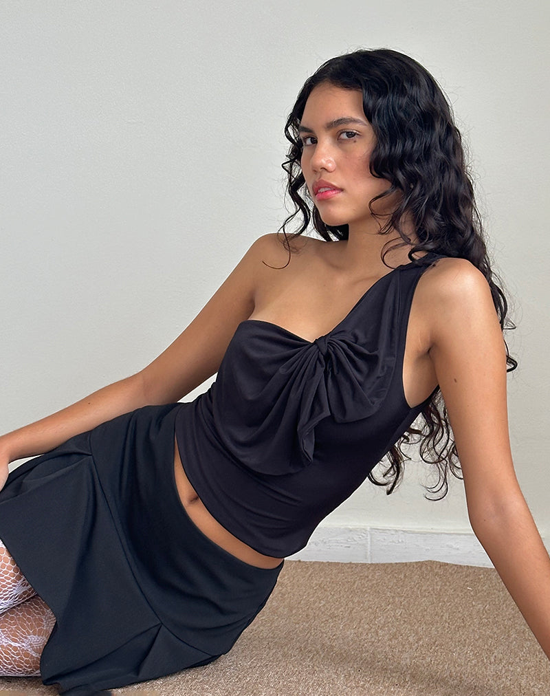 Jovie One Shoulder Slinky Bow Top in Black