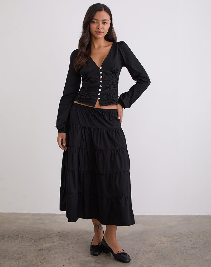 Kadek Fitted Plunge Blouse in Poplin Black