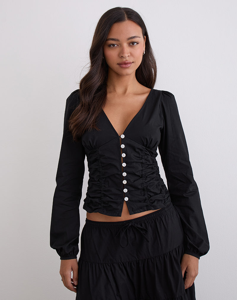 Kadek Fitted Plunge Blouse in Poplin Black