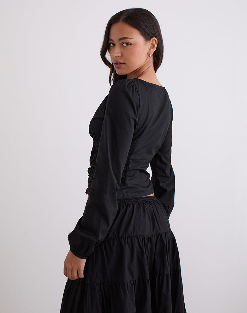 Kadek Fitted Plunge Blouse in Poplin Black