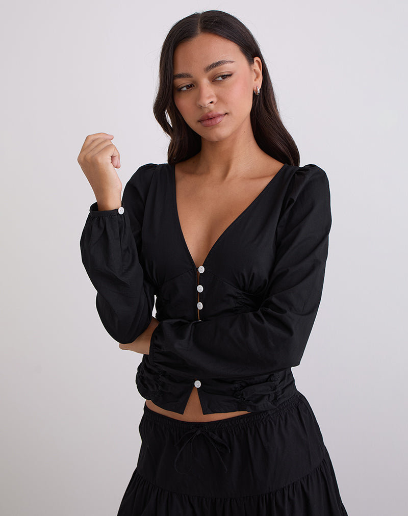 Kadek Fitted Plunge Blouse in Poplin Black
