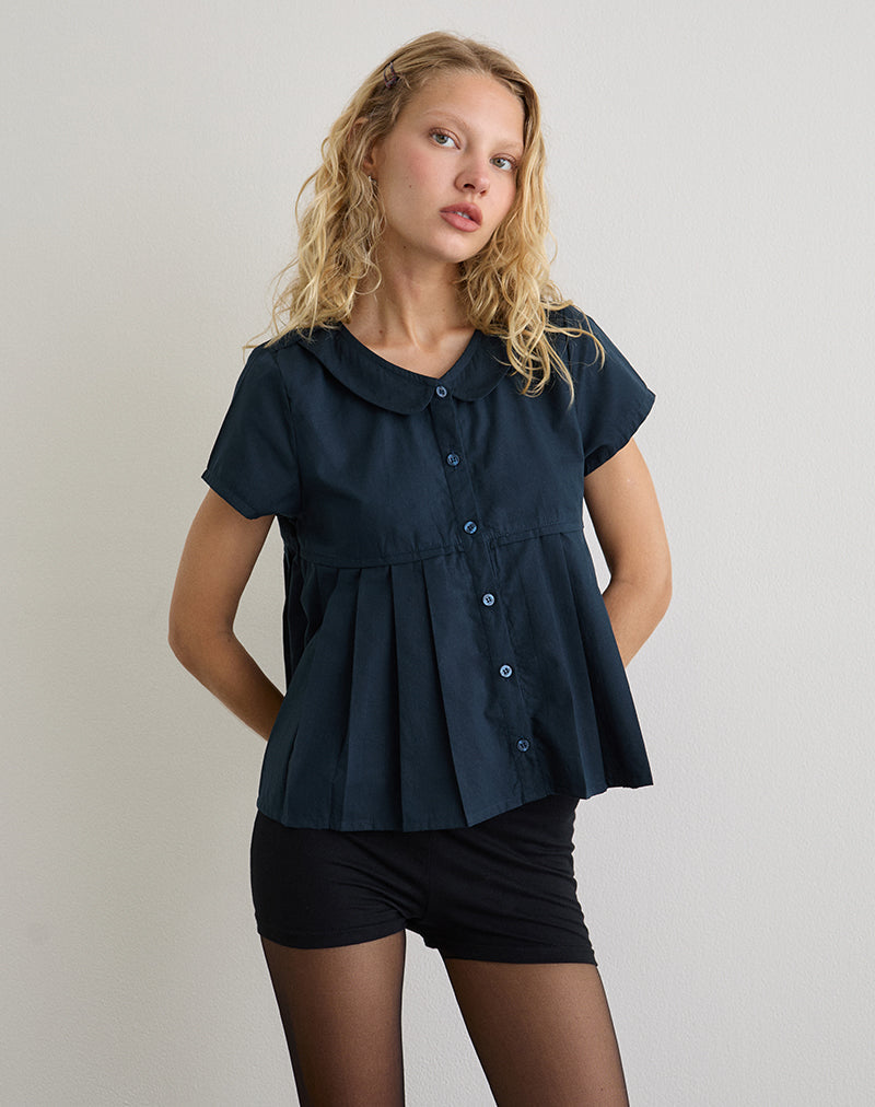 Kaelis Pleated Blouse in Poplin Dark Navy