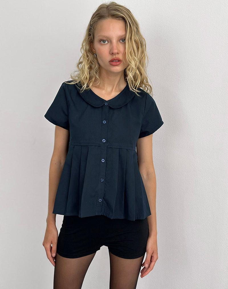 Kaelis Pleated Blouse in Poplin Dark Navy