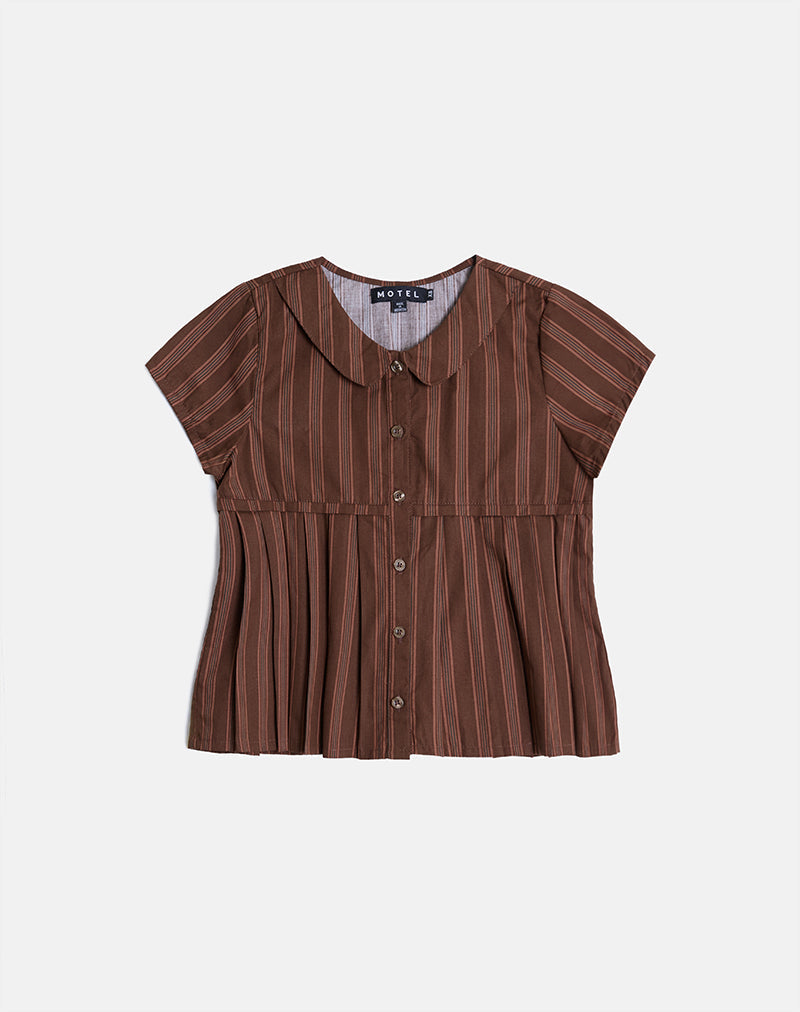 Kaelis Pleated Blouse in Stripe Brown