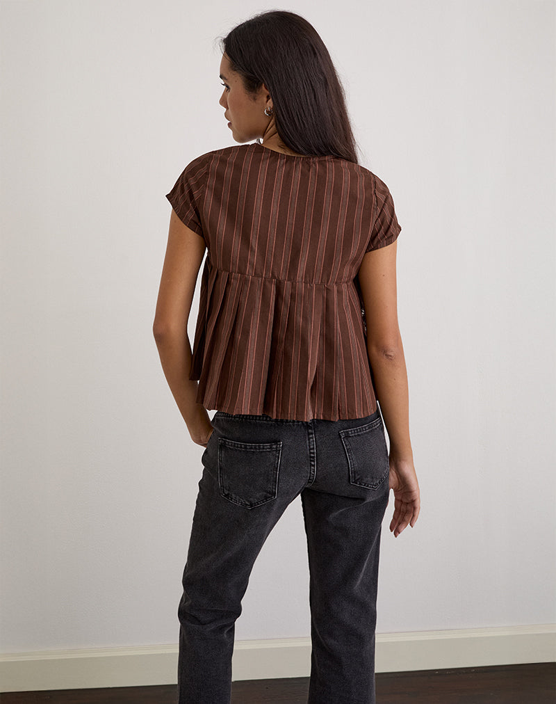 Kaelis Pleated Blouse in Stripe Brown