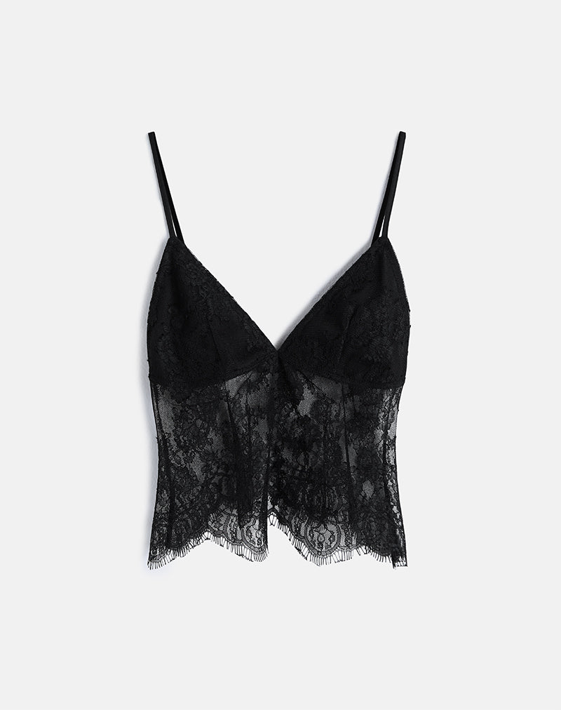 Kaika Plunge Cami Top in Eyelash Lace Black