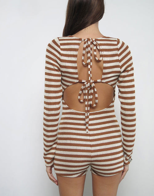 Kaipo Tie Back Playsuit in Brown Ivory Stripe