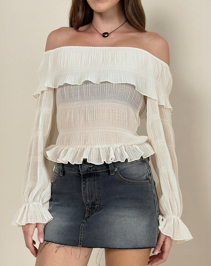 Kalena Long Sleeve Bardot Top in Chiffon Plisse Ivory