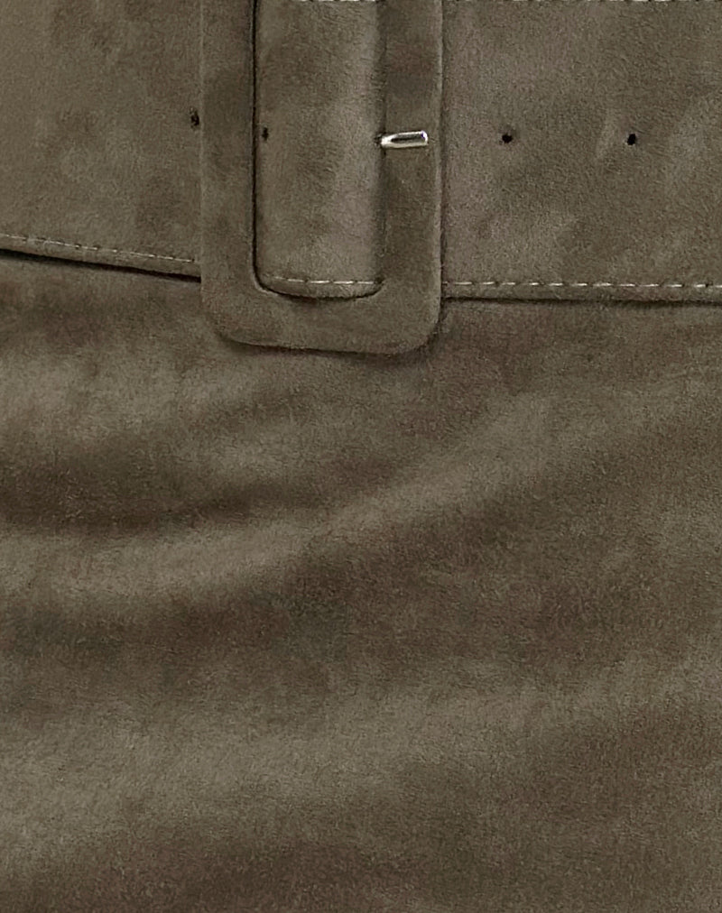 Zita Belted Mini Skirt in Faux Suede Brown