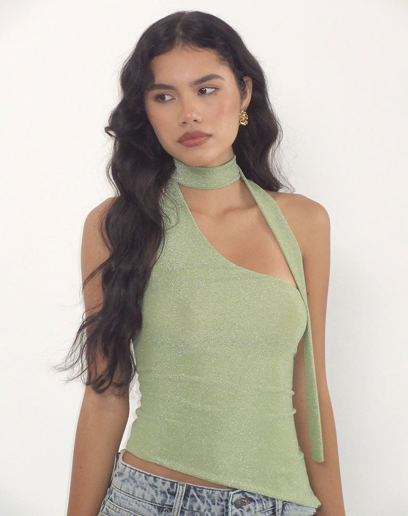 Karasi Tie Neck Top in Shimmer Lurex Green