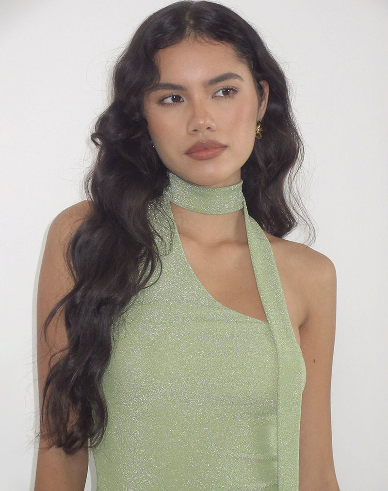 Karasi Tie Neck Top in Shimmer Lurex Green