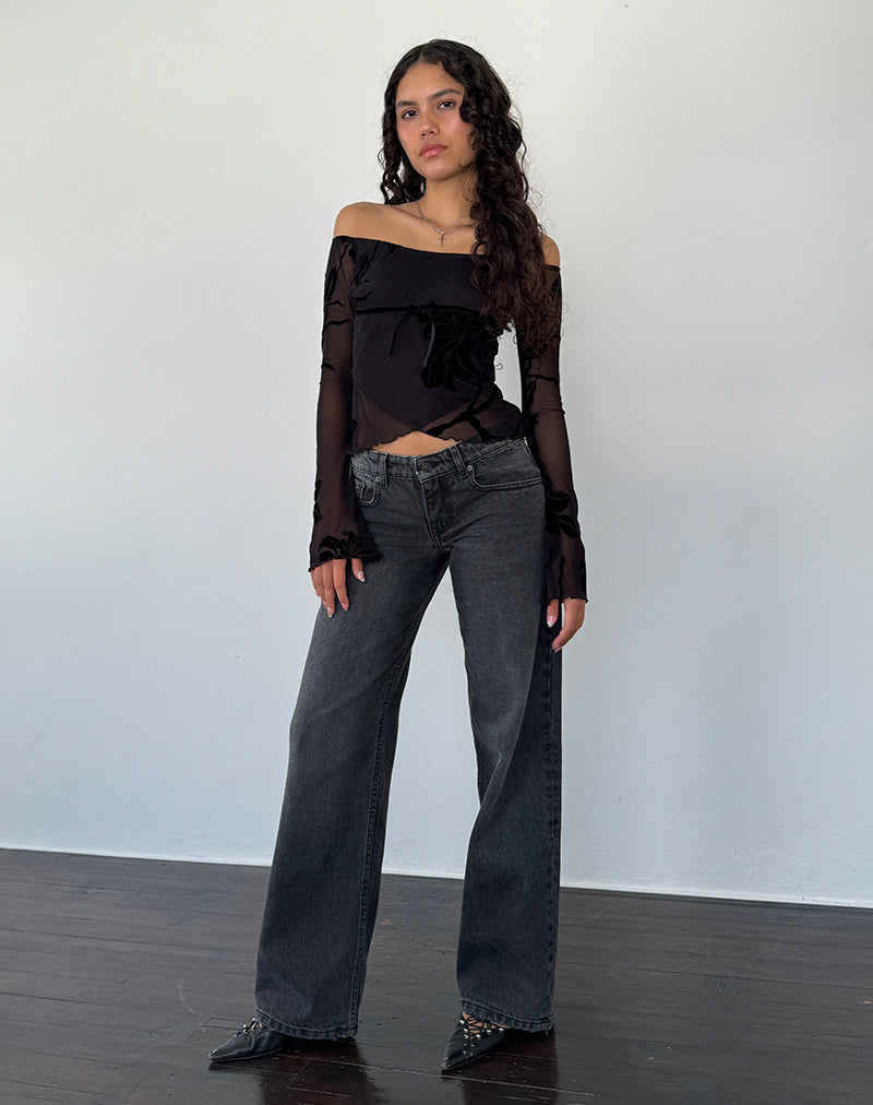 Kareena Long Sleeve Bardot Top in Orchid Flock Black