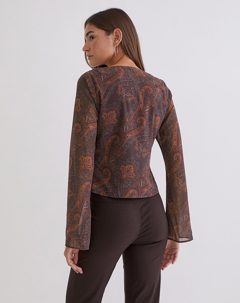 Karilo Long Sleeve Top in Chiffon Royal Paisley Burgundy