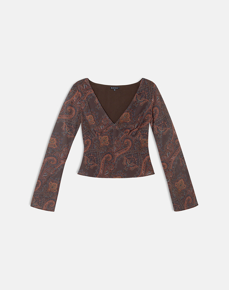 Karilo Long Sleeve Top in Chiffon Royal Paisley Burgundy