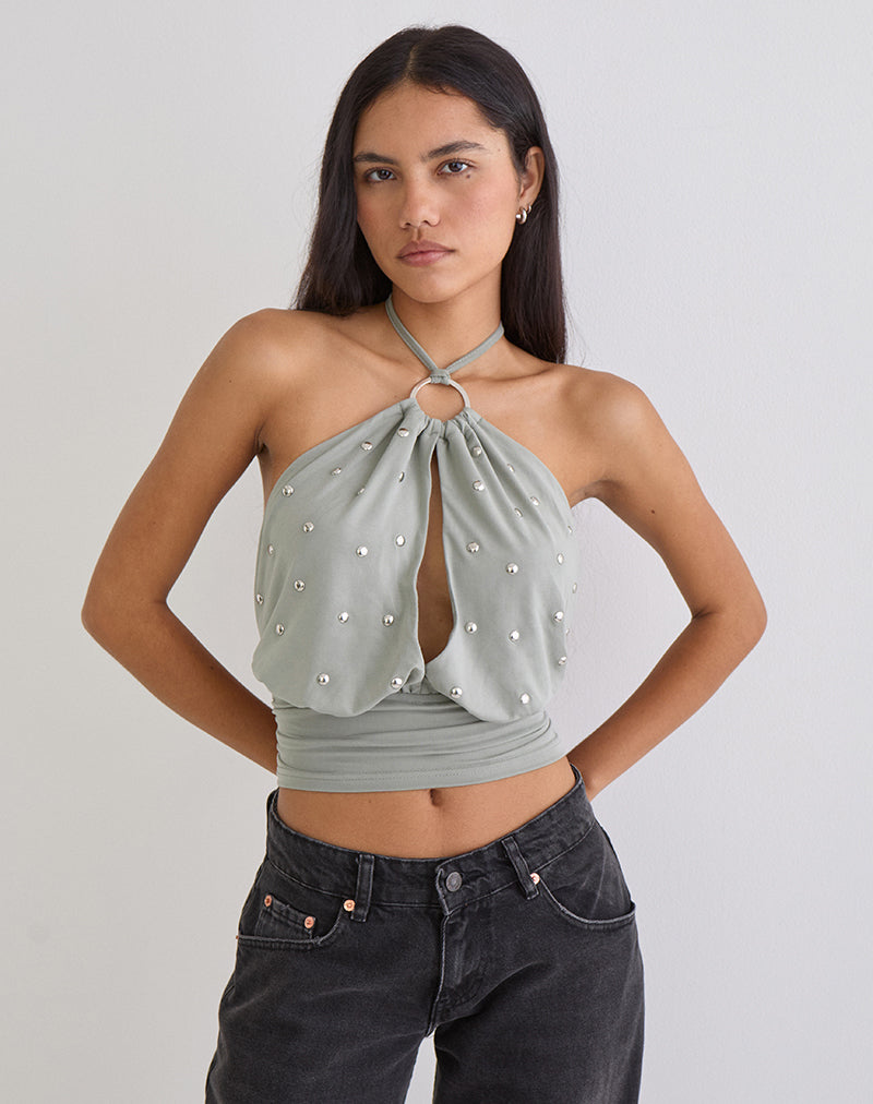 Karise Plunge Top in Cupro Light Grey