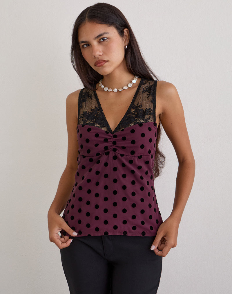 Kasia V-Neck Top in Vintage Polka Maroon
