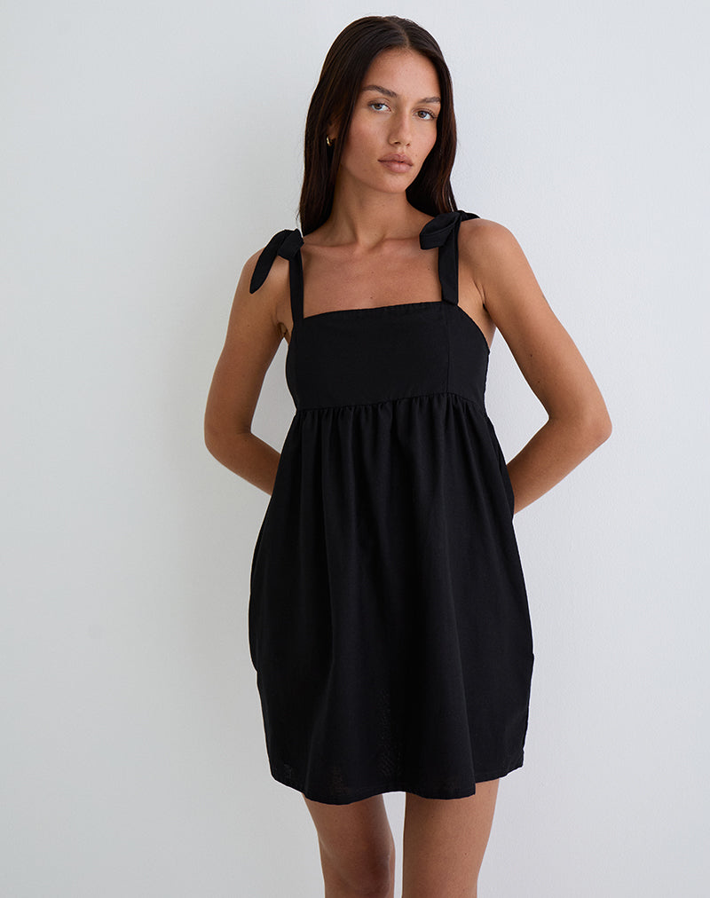 Kayla Square Neck Mini Dress in Linen Black