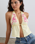 Kayria Tie Top in Lemon with Floral Pink Embroidery