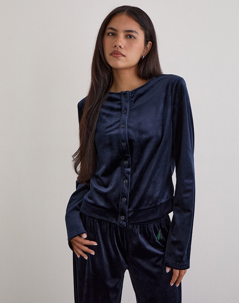 Kellen Button Up Cardigan in Velour Navy