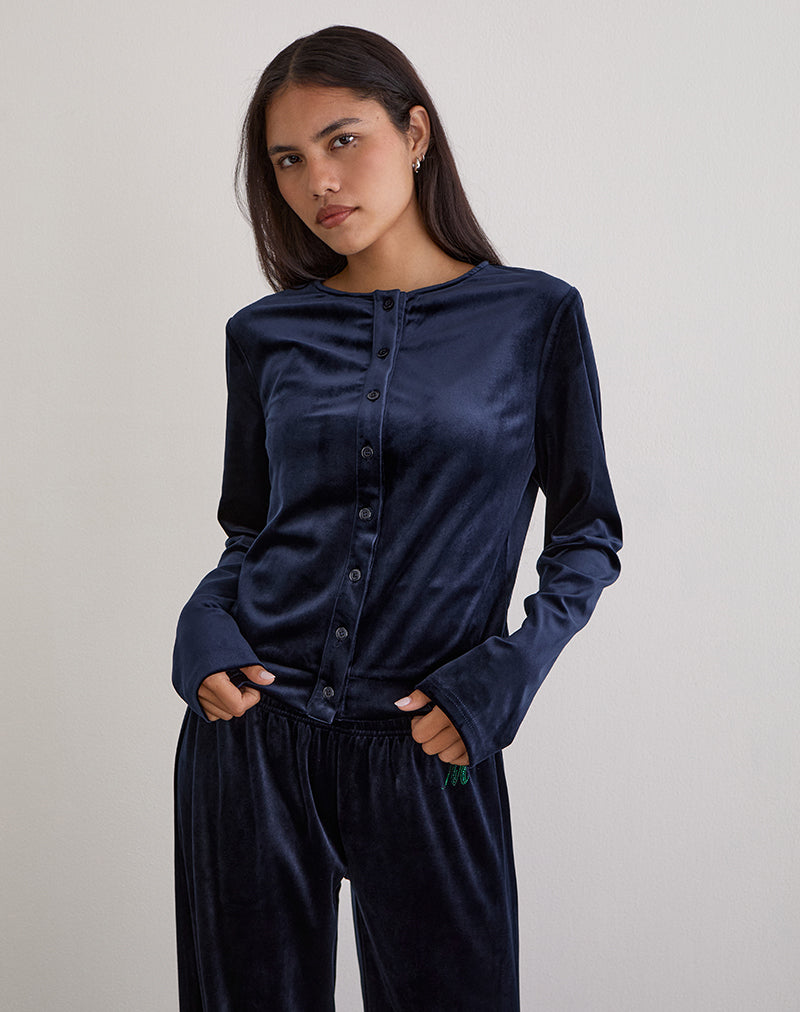 Kellen Button Up Cardigan in Velour Navy