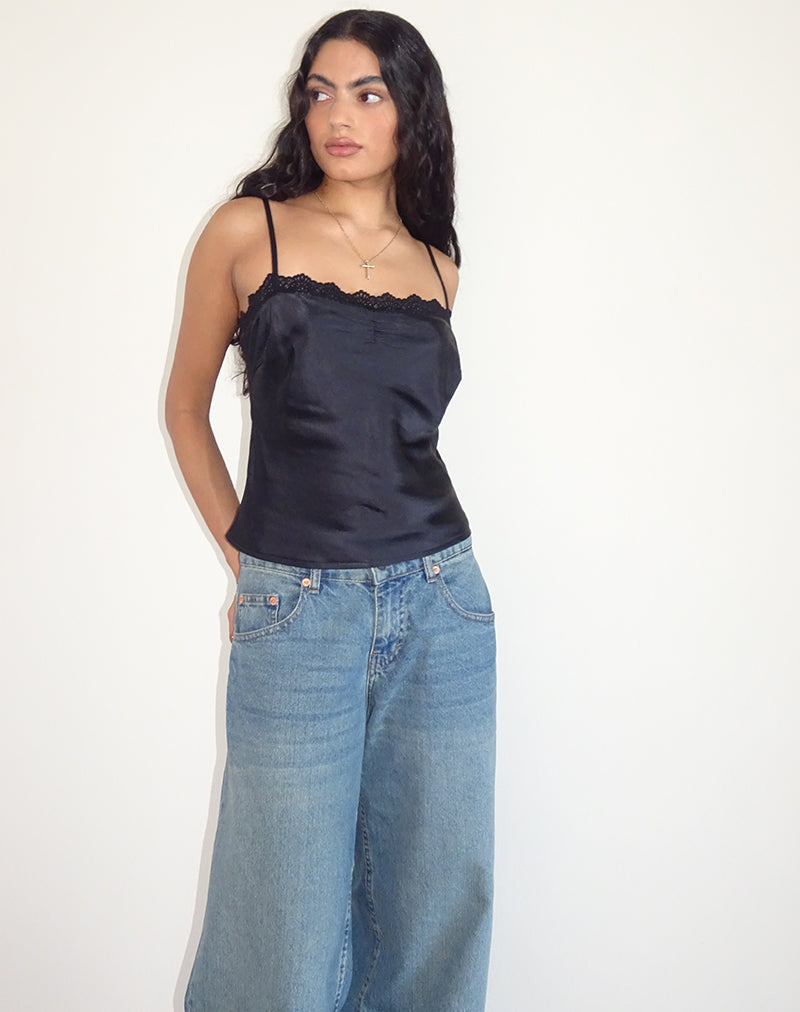 Kira Top in Satin Black with Black Lace
