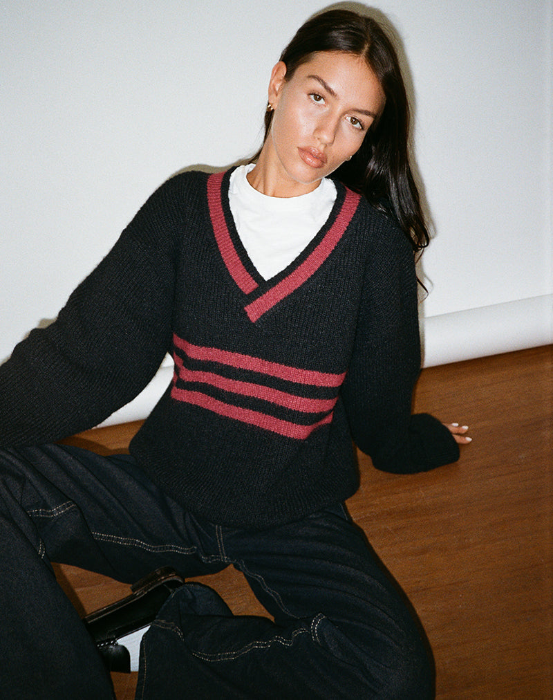 Knitza Jumper in Black with Red Stripes