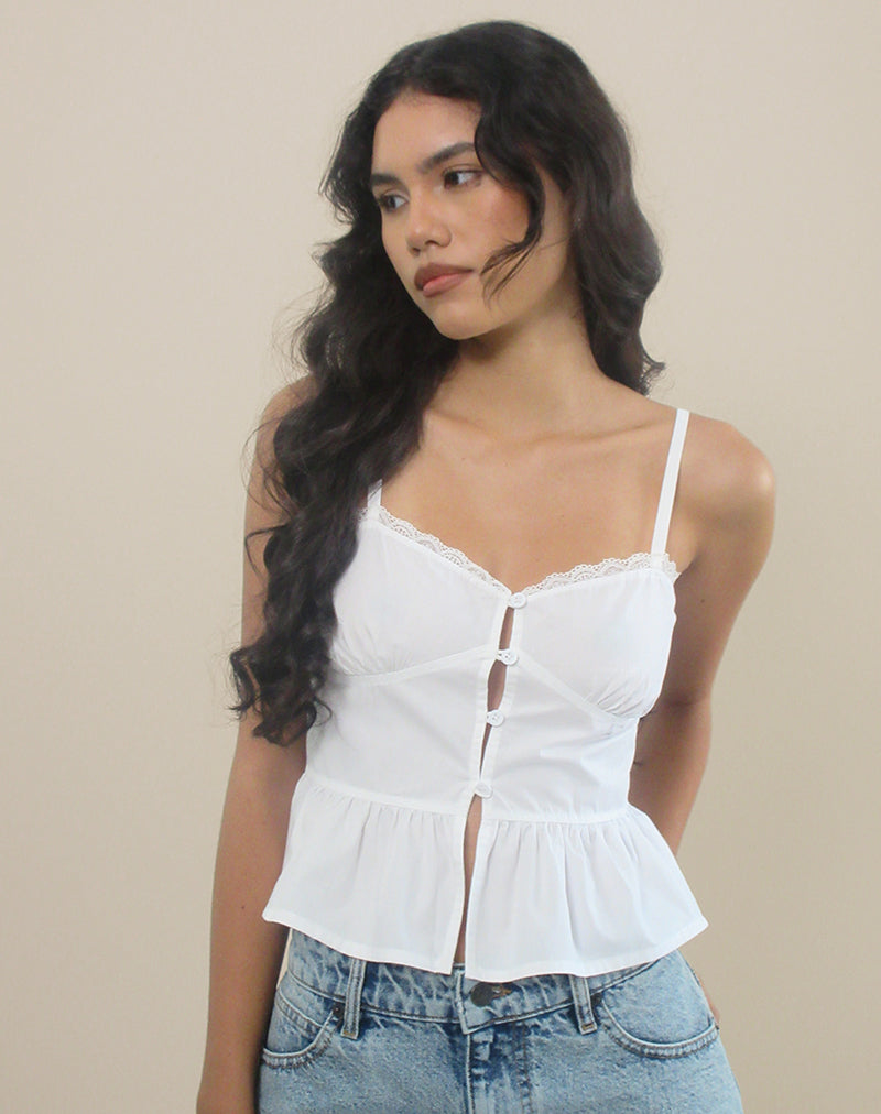 Kugy Tie Front Cami Top in Poplin White