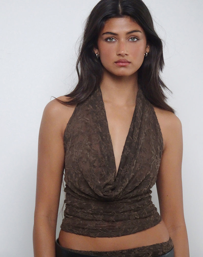 Kylo Halter Top in Jacquard Knit Dark Brown