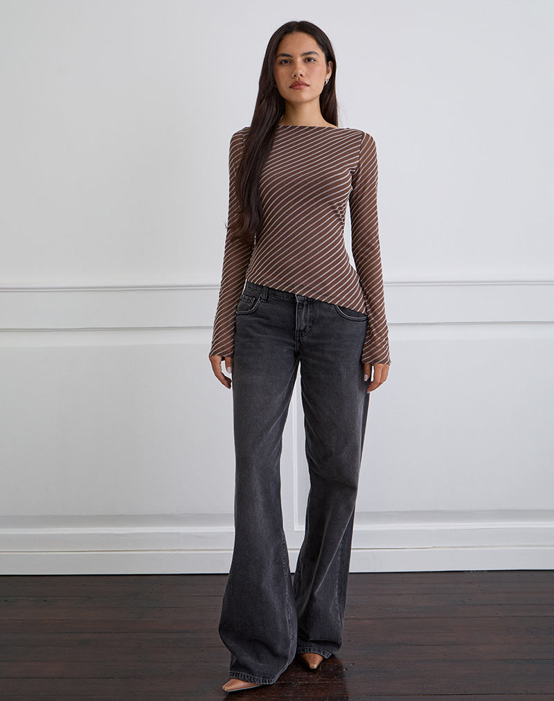 Lakya Long Sleeve Top in Diagonal Stripe Flocked Brown and Cream