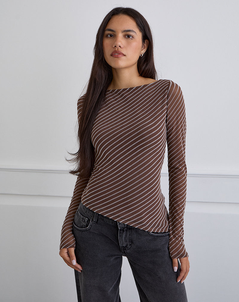 Lakya Long Sleeve Top in Diagonal Stripe Flocked Brown and Cream